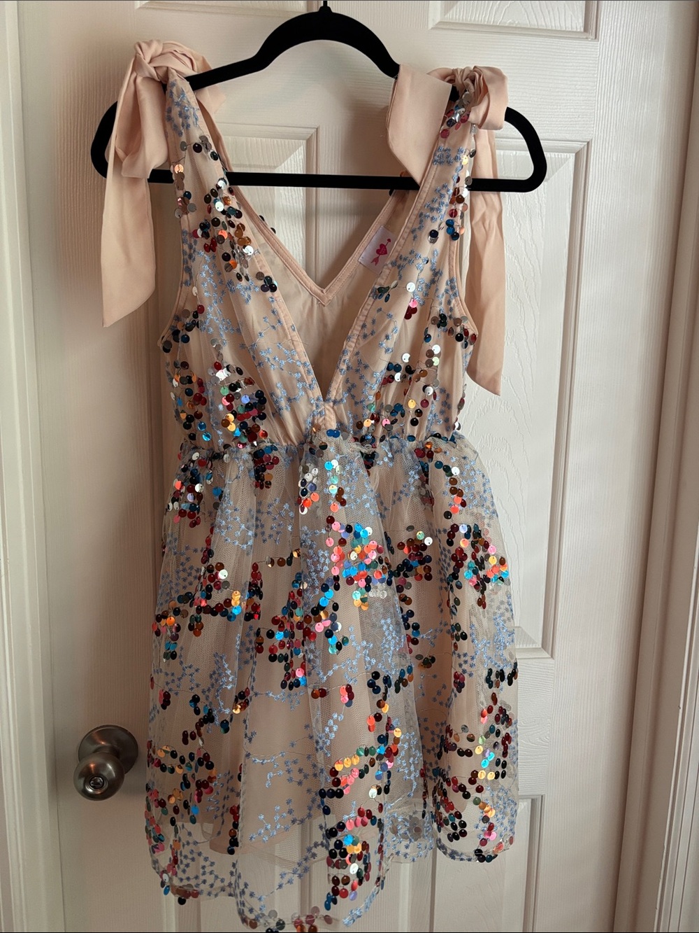For Love & Lemons Blush Mini Dress with Blue Floral Embroidery